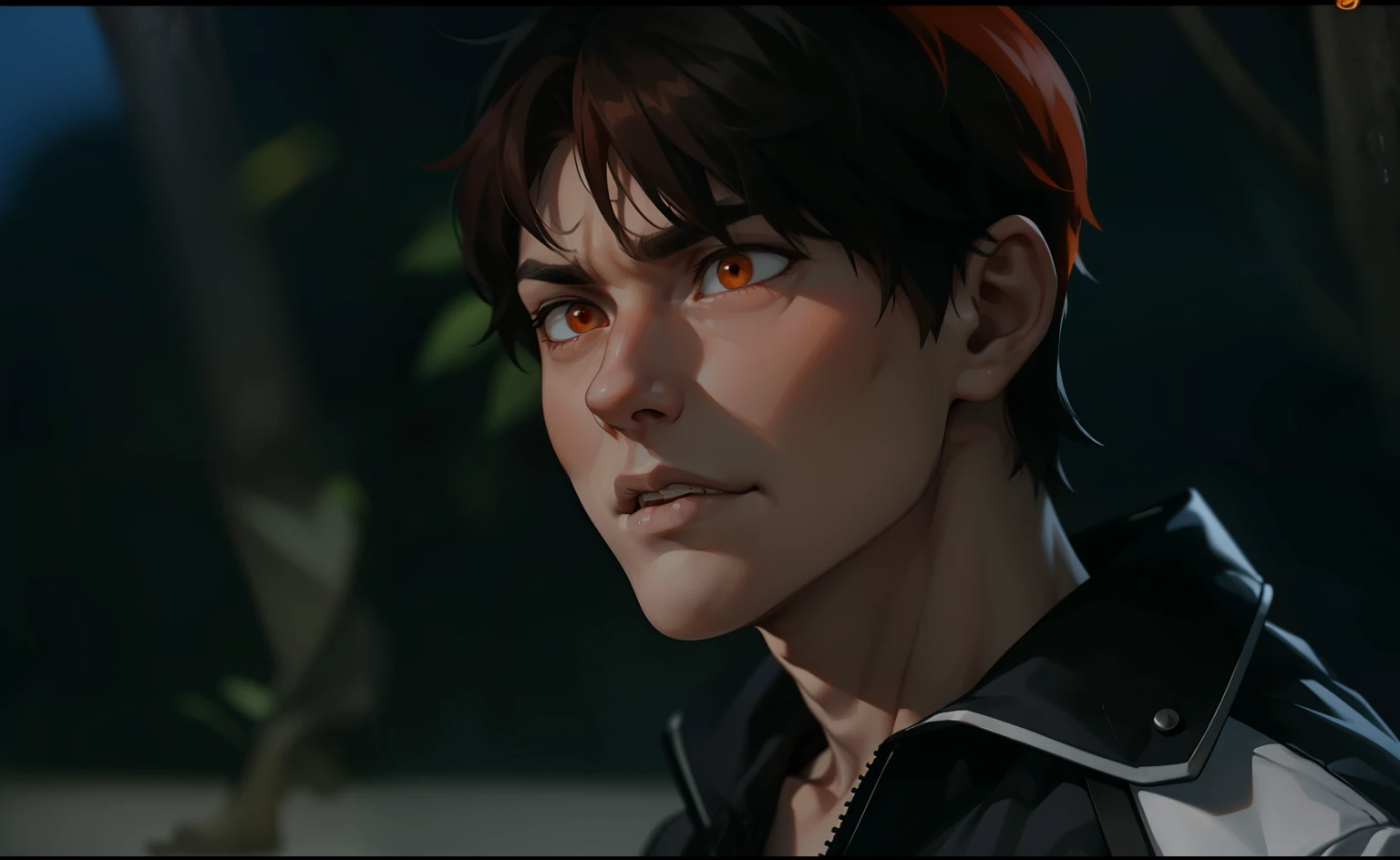 cute boy with orange hair and orange eyes is upset he is talking to someone with his mouth open he is serious angry sad