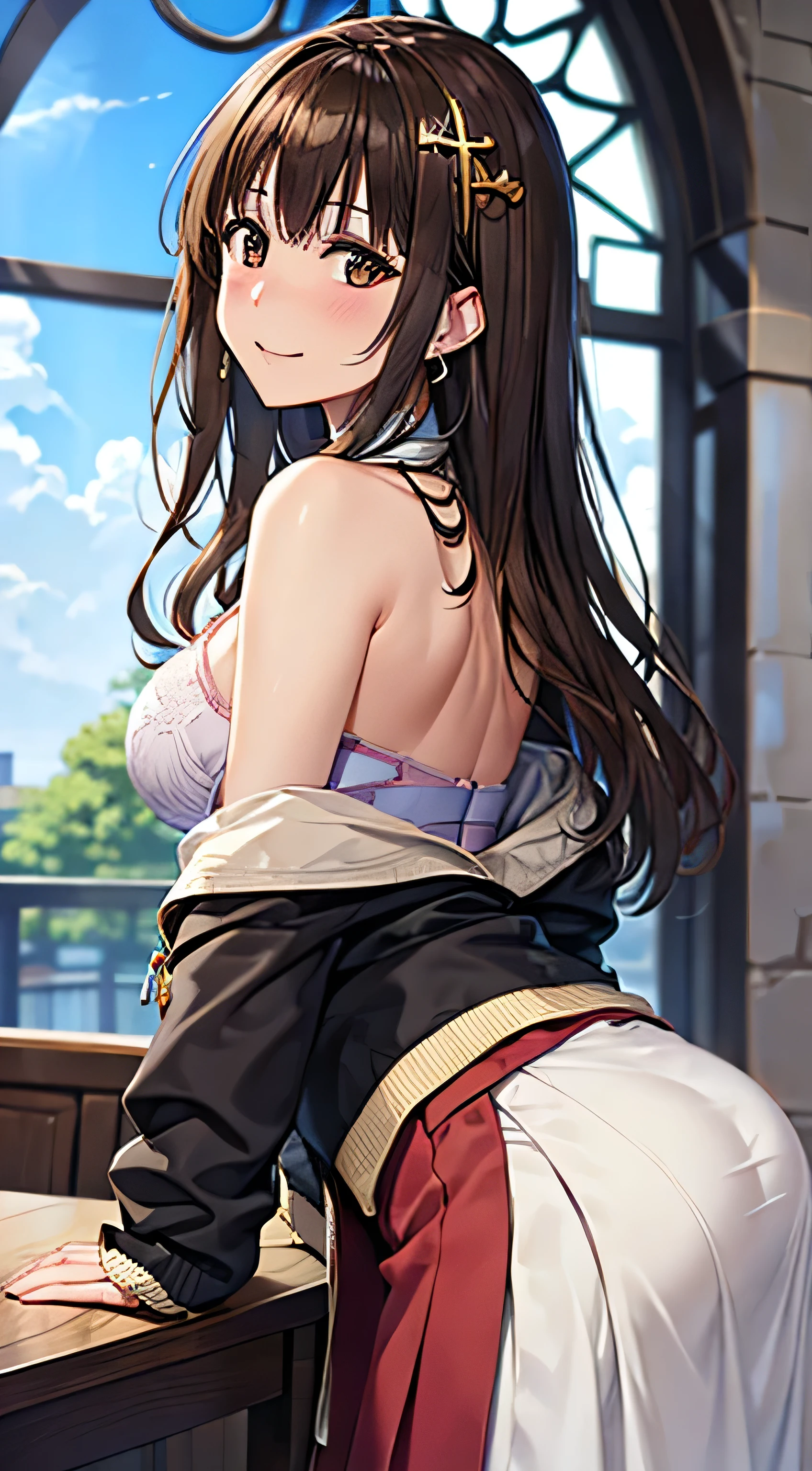 ((Tabletop, Highest quality, High resolution, , Pixel Perfect, 4K,))), 1 female, 、The whole body is visible、 ((Long Wavy Hair, bangs, Brown Hair)), ((Brown eyes, Beautiful eyelashes, Realistic eyes)), ((Detailed face, Blushing:1.2)), ((Smooth texture:0.75, Realistic texture:0.65, Realistic:1.1, Anime CG Style)), Medium sized breasts, Dynamic Angle, Perfect body, (( , , Beautiful Priest、、 Priest off-shoulder jacket、Priest Flare Skirt、、)), Gold Hair Ornament、Cross Necklace、Earrings、Very embarrassing panic smile, 、Gorgeous church basilica、、Hold a big Bible、Leaning forward、Stick your butt out、Lacy pink bra、、、、、 、Angle from below)、