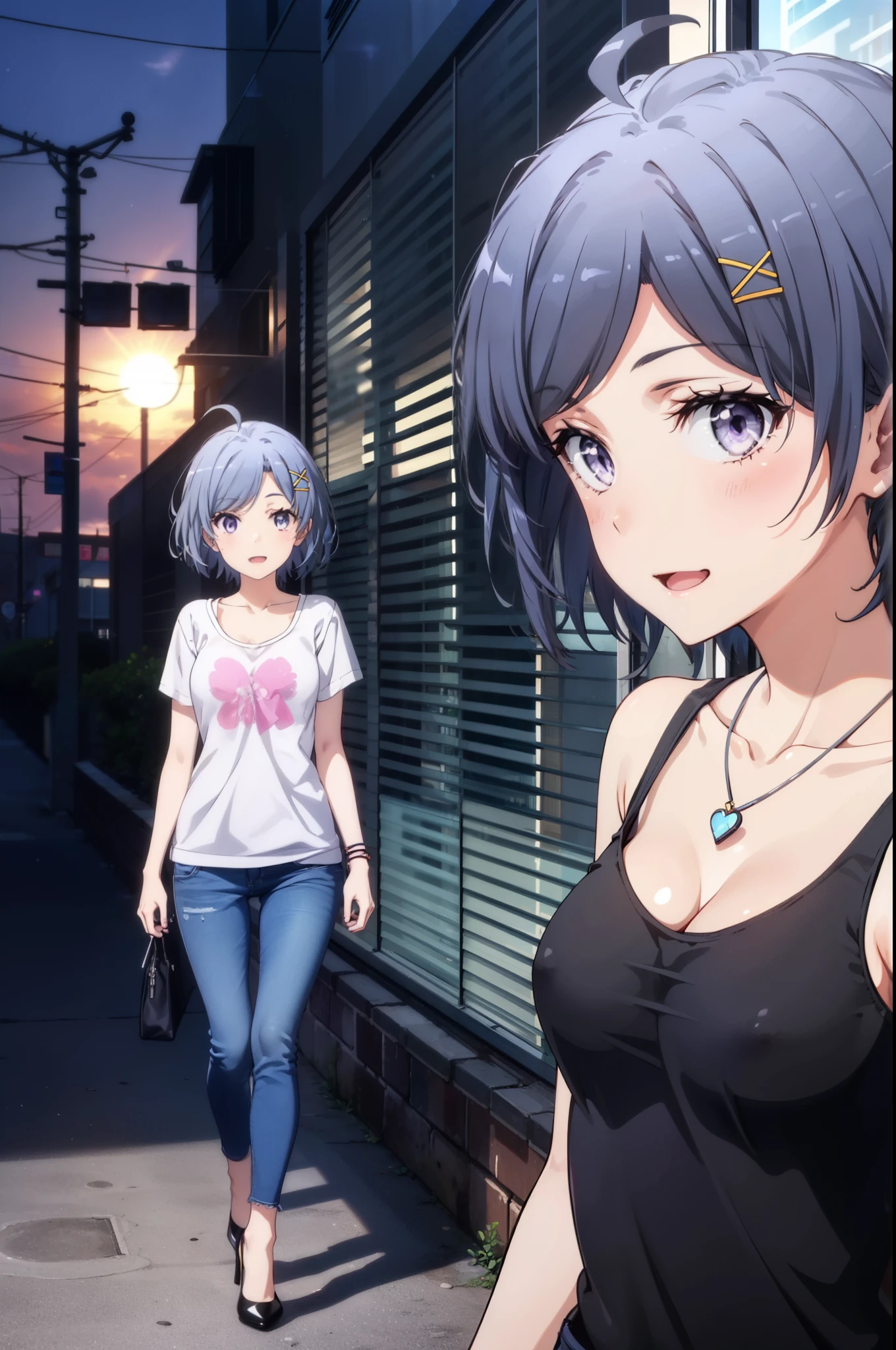 komachihikigaya, komachi hikigaya, short hair, Black Hair, hair ornaments, Ahoge, Hair Clip, x hair ornaments, (Purple eyes:1.1), tooth, happy smile, smile, Open your mouth, black tank top shirt,Locket Necklace,Skinny jeans,Stiletto heels,morning,morning陽,The sun is rising,Walking,whole bodyがイラストに入るように,
break outdoors, Building district,
break looking at viewer,whole body,
break (masterpiece:1.2), Highest quality, High resolution, unity 8k wallpaper, (figure:0.8), (Beautiful attention to detail:1.6), Highly detailed face, Perfect lighting, Highly detailed CG, (Perfect hands, Perfect Anatomy),