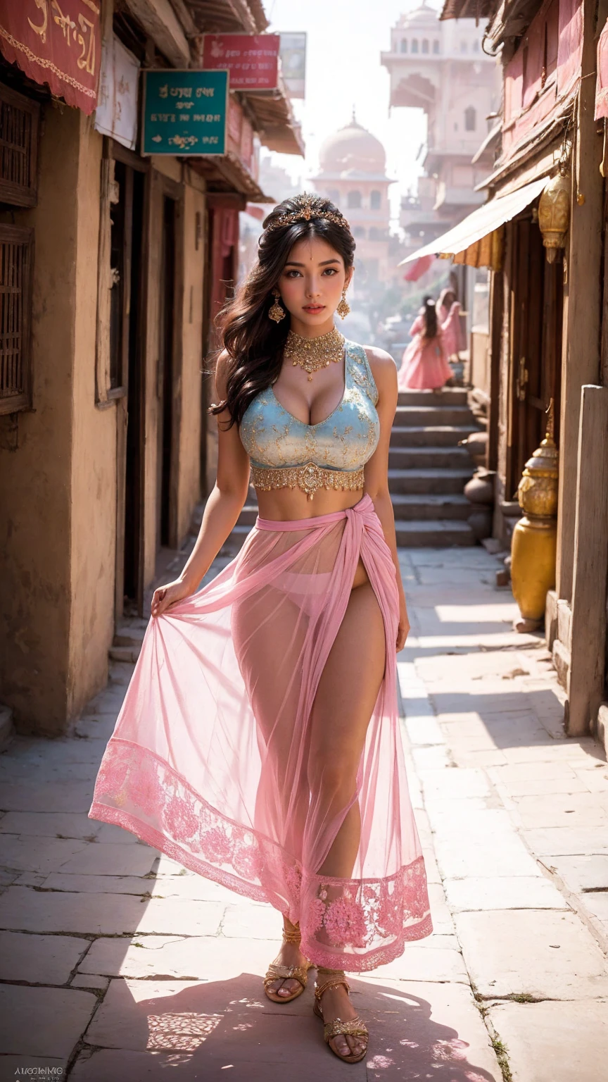 Journey to the vibrant streets of Jaipur, where tradition meets modernity in a fashion spectacle like no other. Picture a professional photographer capturing the essence of a model amidst the colorful chaos of the Pink City.
The upper dress commands attention with a daring, cleavage-enhancing tank top in a striking hue, paired unexpectedly with a mini-jacket adorned with intricate embroidery, adding a touch of regal elegance. Meanwhile, the lower dress introduces a playful twist with a floral skirt that sways with every step, revealing glimpses of a delicate lace panty, creating a captivating contrast of styles.
Under the cinematic light of the Jaipur sun, the model strikes a pose that exudes confidence and grace against the backdrop of bustling bazaars and majestic forts.
Shot in perfect 8K resolution, the super-realistic images capture the vibrancy of Jaipur's streets and the fusion of traditional charm with contemporary flair. This fashion narrative unfolds, showcasing the model as a modern-day princess in the midst of a bustling cityscape, where every corner tells a story of culture, heritage, and style