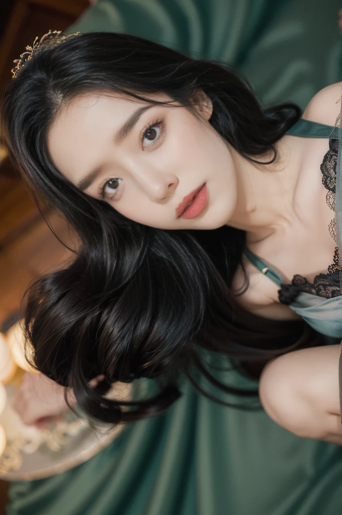 (((best quality))),(((ultra detailed))),(((masterpiece))),illustration,1girl,solo,slim,thin,small breasts,flat chest,shoulder length straight hair,cheongsam style lace nightgown, pitch-black bedroom, mouth wide open, rolling eyes, sticking out tongue, stunning appearance, smooth pale skin, deep blue eyes, full red lips, playful expression, elegant stylish nightgown, delicate lace material, traditional Chinese feel, tight-fitting gown, slender figure curves, dark mysterious room, small nightlight, teal wall, black satin comforter, small dresser nightstand, ethereal otherworldly creature, beauty darkness blend, mysterious atmosphere,(((close eyes,open mouth,female orgasmic,ahegao,blush))),((from above,top view)),