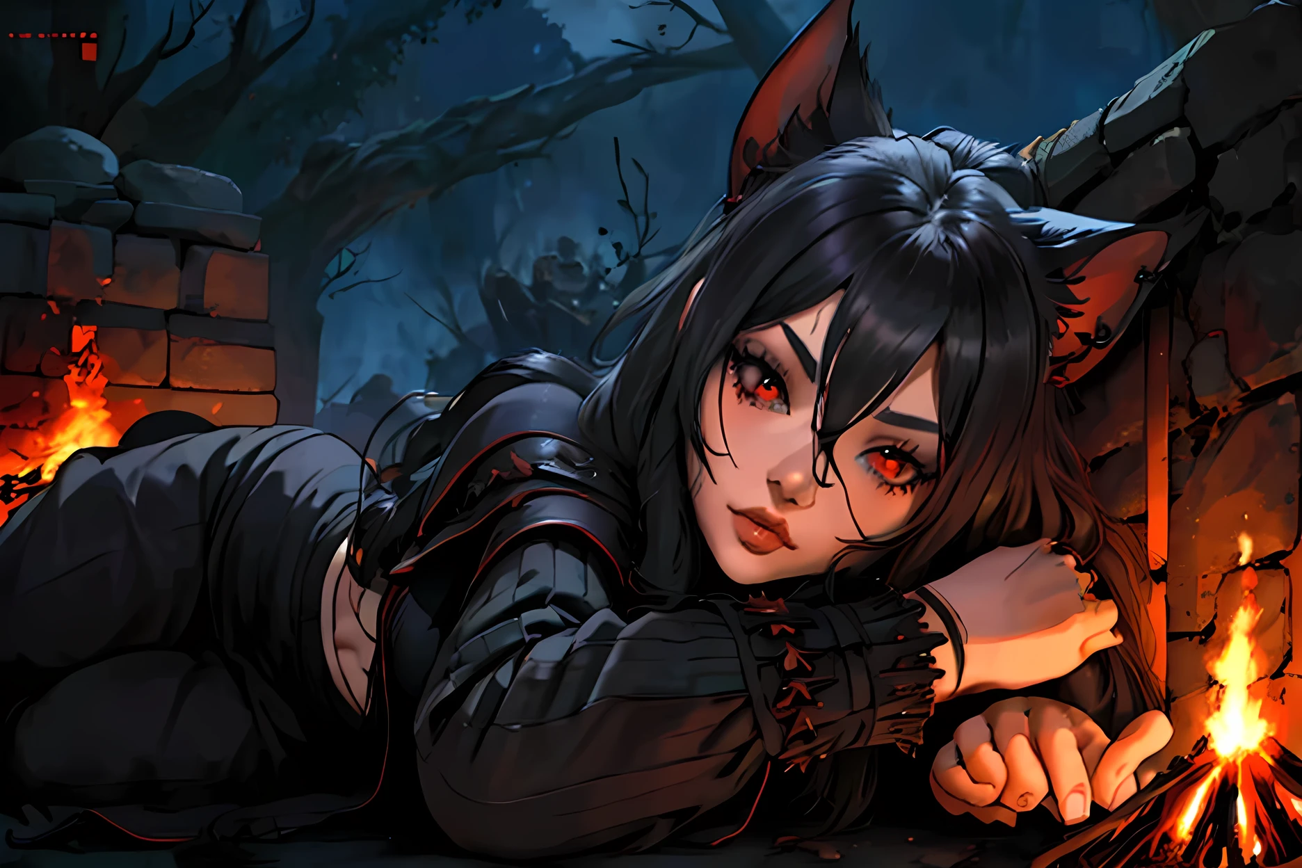 junkotvv pelo largo negro con flequillo y con orejas de gato y ojos rojos a warrior resting in bonfire, high quality, masterpiece, dark theme, dark souls theme, (fullbody sentada frente a un bonfire )
