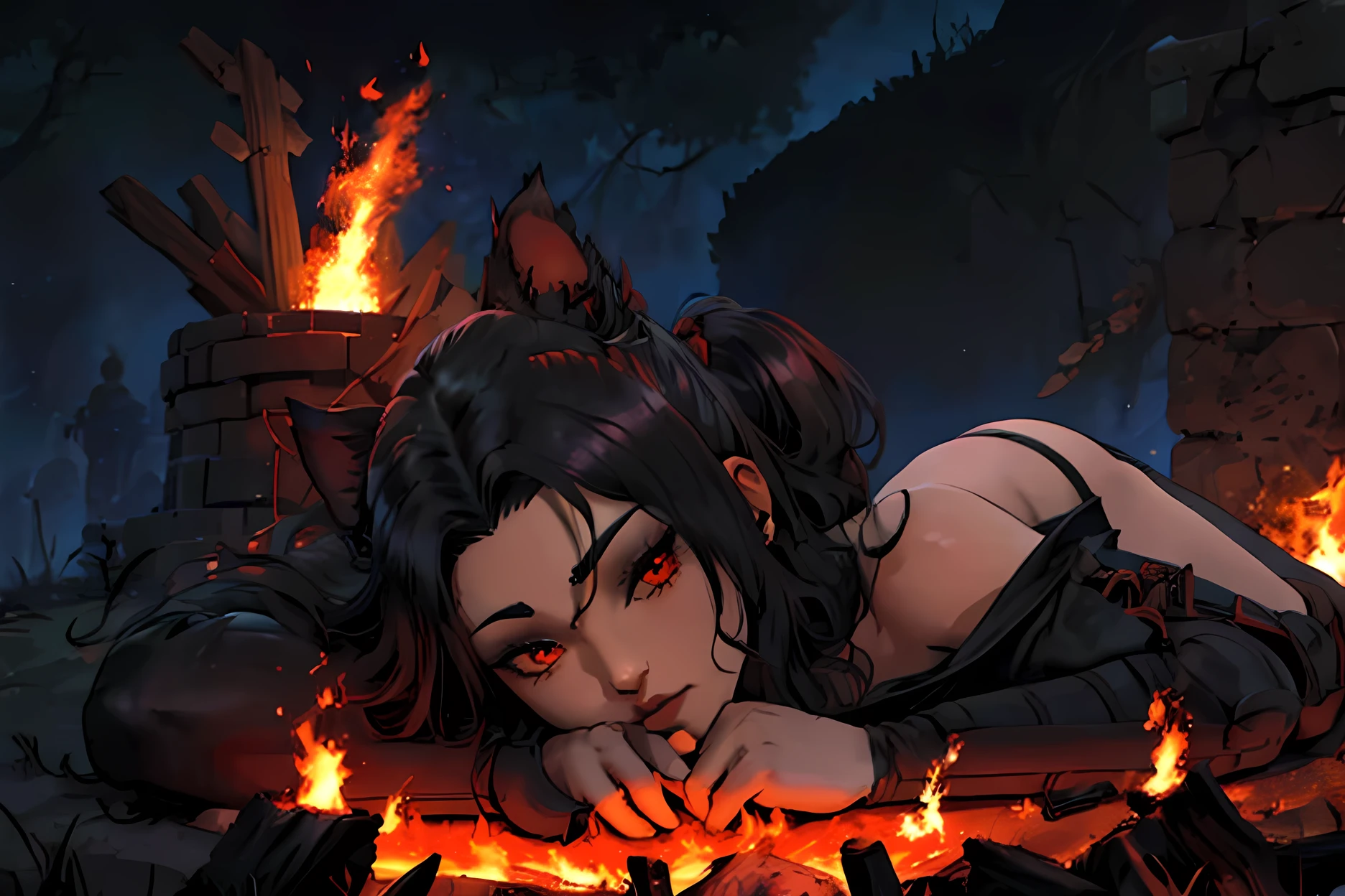  junkotvv pelo largo negro con flequillo y con orejas de gato y ojos rojos a warrior resting in bonfire, high quality, masterpiece, dark theme, dark souls theme,  (fullbody sentada frente a un bonfire )