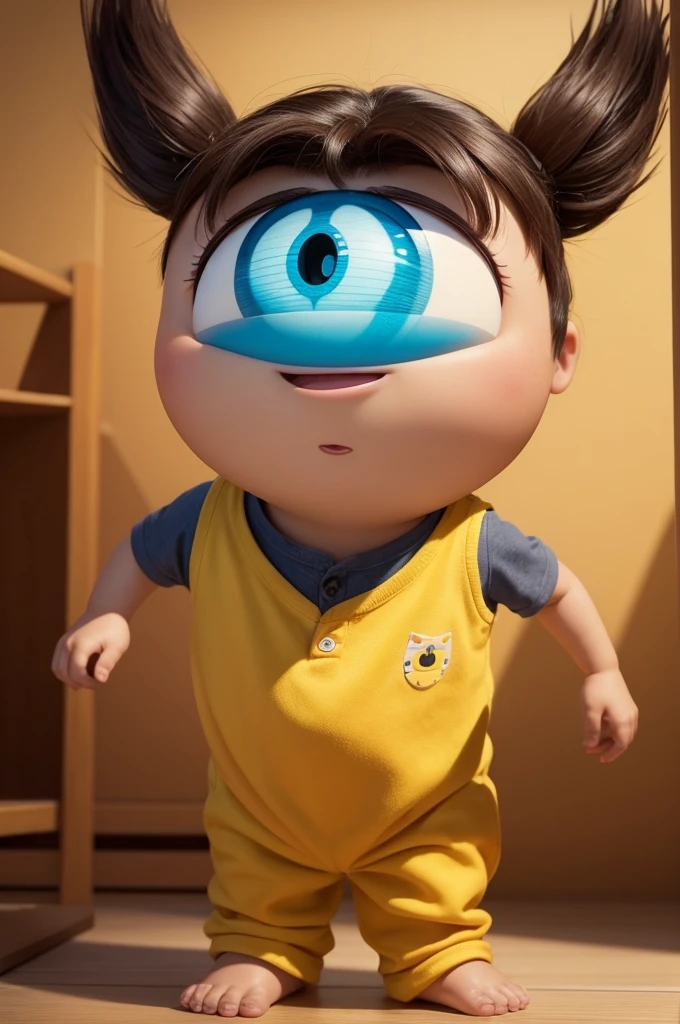 I want a photo of an emotion from Pixar Fun Mind. He has dark brown hair, yellow skin
