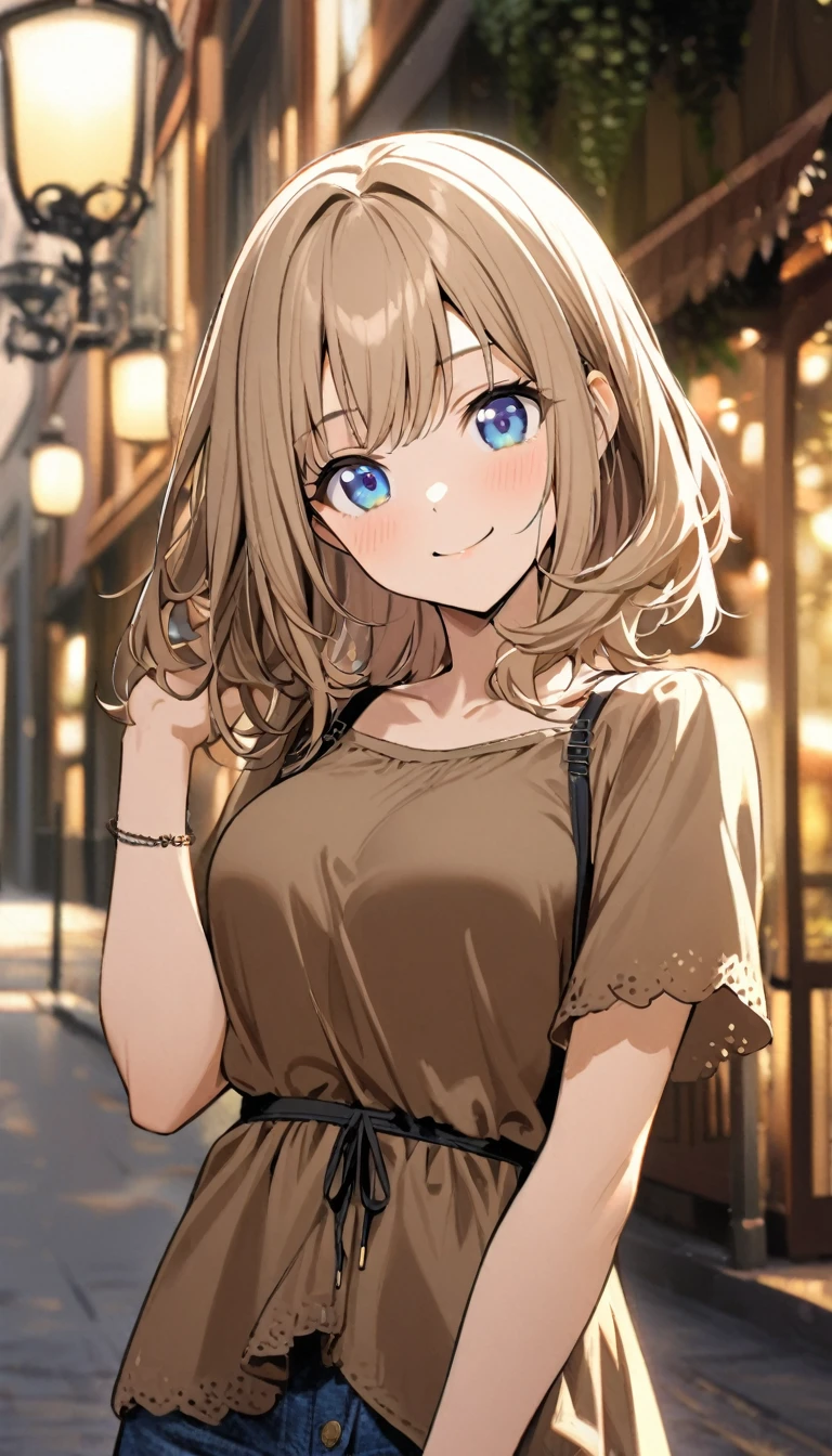 1girl,light brown color medium length hair,blue eyes,kind smile,medium breasts,casual