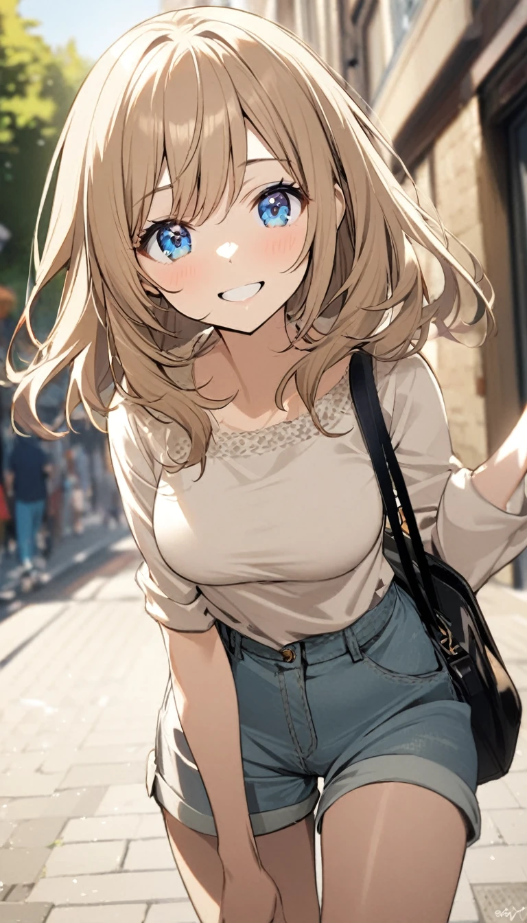 1girl,light brown color medium length hair,blue eyes,kind smile,medium breasts,casual