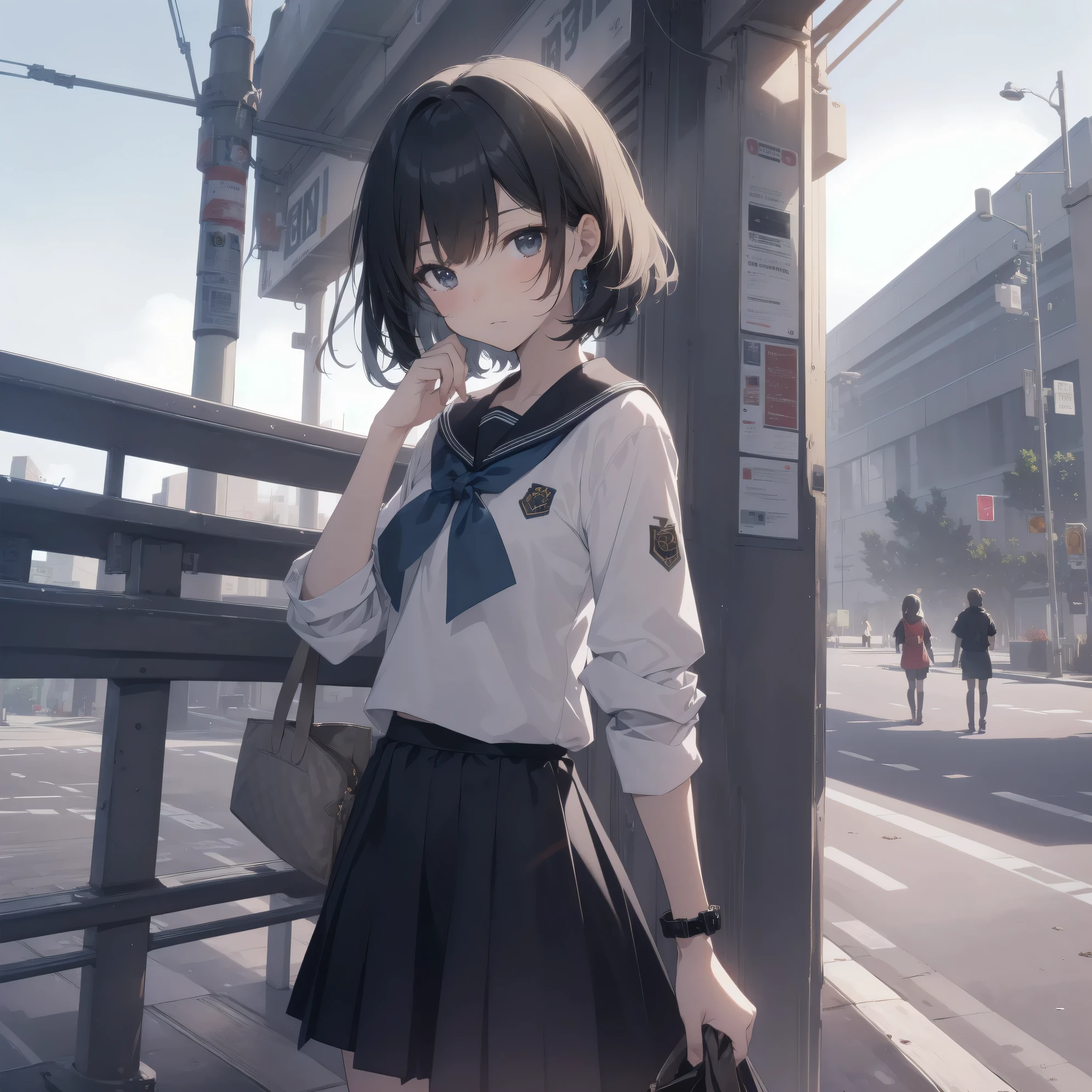 ultra-absurdres-Top quality by artist God, ultra-detailed, high resolution, anime moe artstyle, best anime 8k konachan wallpaper, pixiv contest winner, pool:2810, perfect anatomy,break, 1girl, (Please draw a girl walking sleepily to school alone. )break,(Solo,little female, 13-year-old:1.3),Full limbs, complete fingers,a junior high school student, (very short hair), short cut, flat chest, , small butt, small black eyes, beautiful detailed eyes, well-proportioned iris and pupils, expressive eyes, highres detailed hair, soft expression, salor school_uniform, sailor collar, serahuku, bow, pleated skirt,(Detailed Lighting), (Detailed background), in the School commute route. break,super detailed skin, Best cinematic lighting powered by famous artist, 8k,beauty illustration,photoshop_(medium),very aesthetic,break,((artist:mattaku_mousuke )), artist:clamp ,artist:carnelian ,artist:kantoku ,