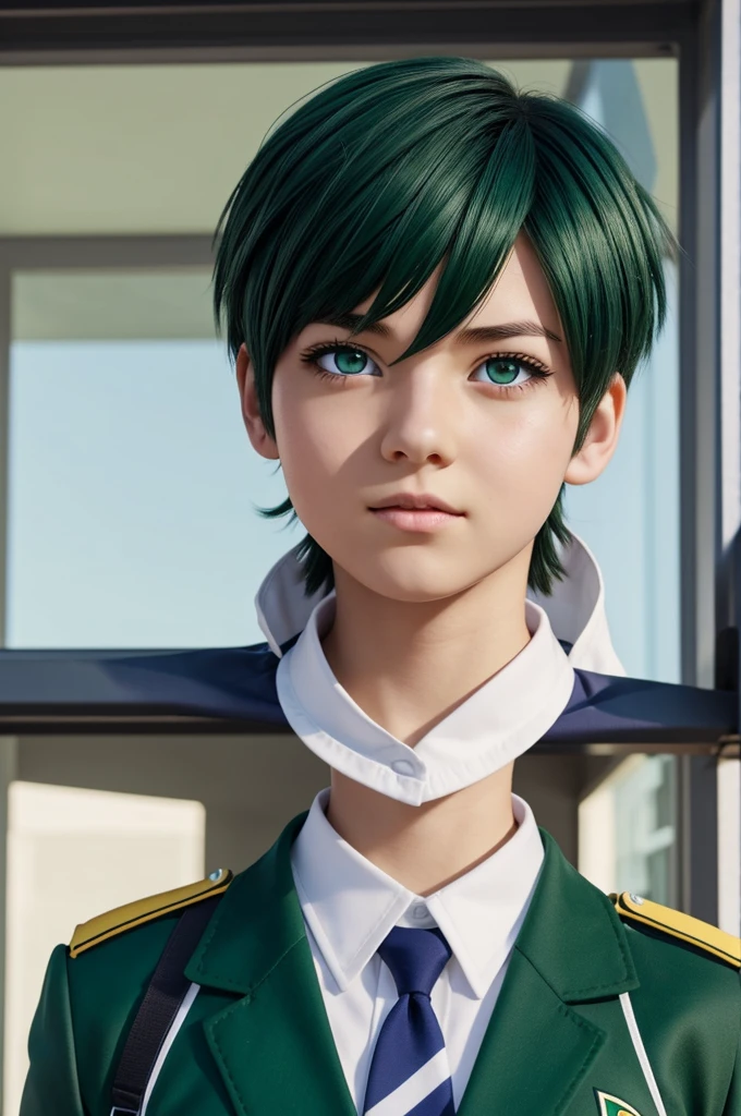 Short hair tomboy style girl from my hero academia with green eyes and the UA uniform