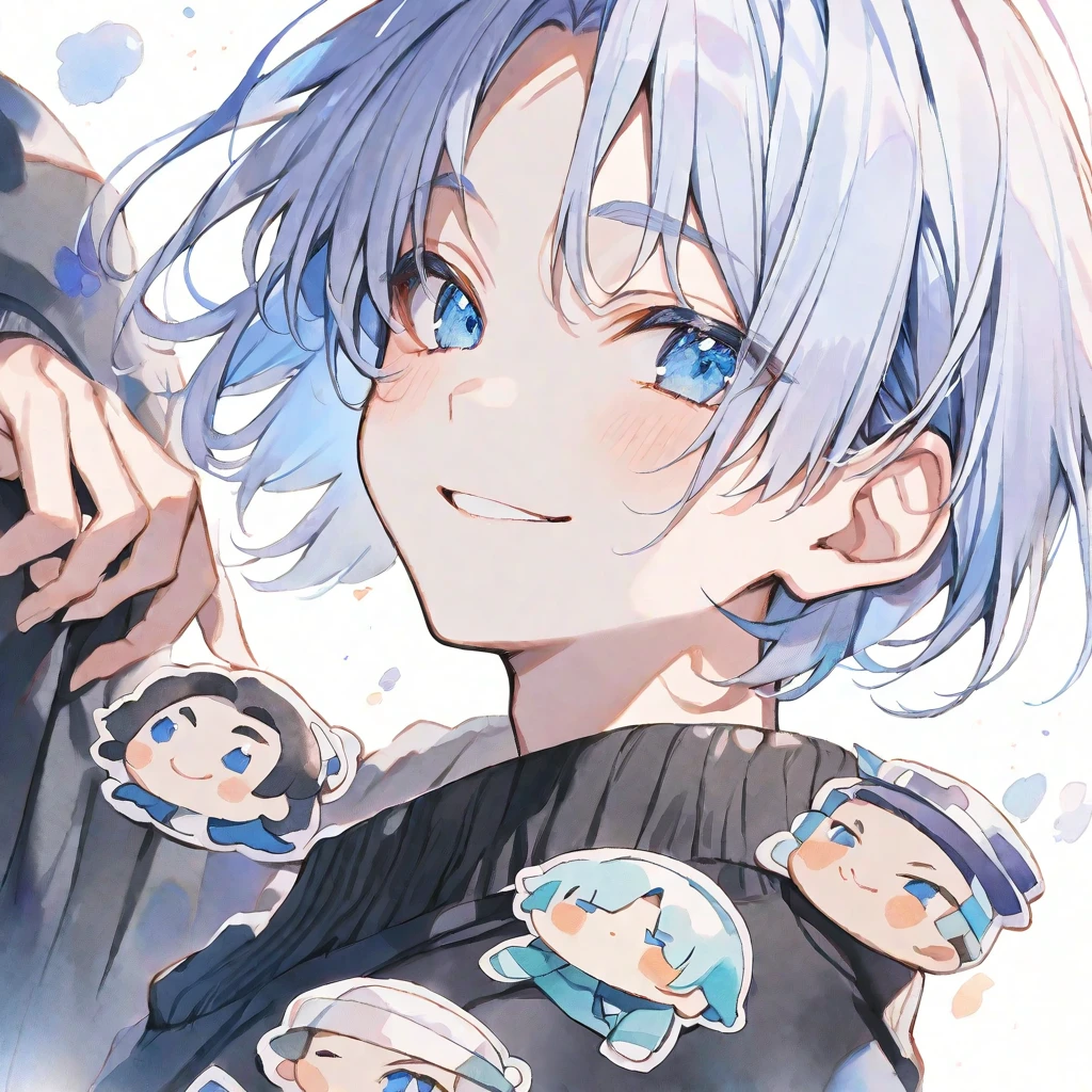 solo, handsome, Watercolor ,1/2, mini-character
1. male,
Straight hair, Bob hair,light blue Hair,Blue eyes&Soft look ,
Gojo Satoru,18 years old,black cardigan,sweater,skin,smile,White background