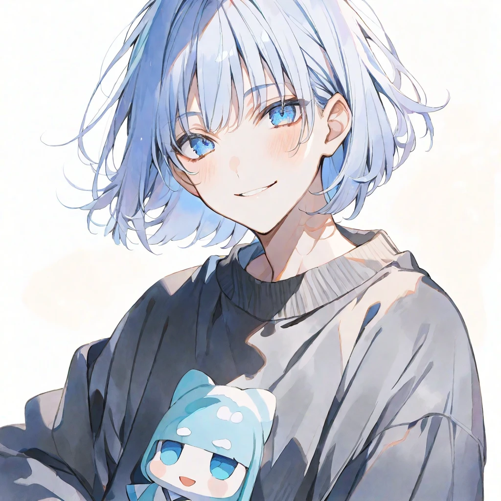 solo, handsome, Watercolor ,1/2, mini-character
1. male,
Straight hair, Bob hair,light blue Hair,Blue eyes&Soft look ,
Gojo Satoru,18 years old,black cardigan,sweater,skin,smile,White background