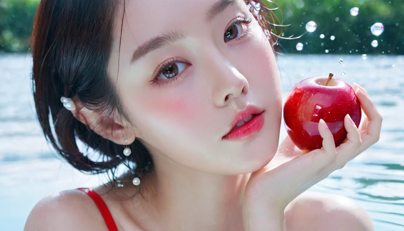 夏日Red Apple少女，Dopamine teenage， Cool summer days，Ice cubes，The watery girl，Delicate skin，Hydration，Shiny，Shiny，dream，Front view，bust，pearl，Red Apple