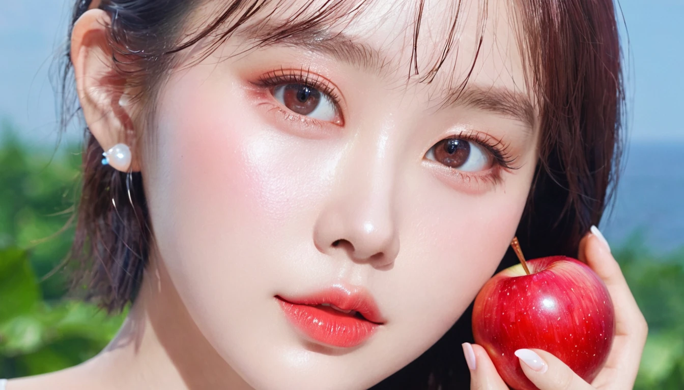 夏日Red Apple少女，Dopamine teenage， Cool summer days，Ice cubes，The watery girl，Delicate skin，Hydration，Shiny，Shiny，dream，Front view，bust，pearl，Red Apple
