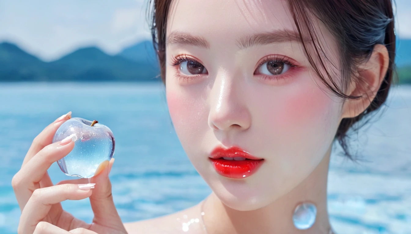 夏日Red Apple少女，Dopamine age， Cool summer days，Ice cubes，The watery girl，Delicate skin，Hydration，Shiny，Shiny，dream，Front view，bust，pearl，Red Apple