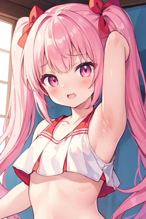 (best quality, masterpiece:1.2), ultra detailed, extremely detailed eyes and face, natural skin texture, detailed skin, natural lighting,
chibi, 1 girl, 14-years-old, (cute),
twin tails, pink hair, shiny hair,
pink eyes,
small breasts,
BREAK cheerleader, white and red crop top, white and red sleeveless shirt, midriff,
BREAK (orgasm face, aroused, blush:1.2), (steam), upper body,