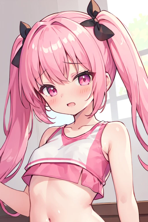 (best quality, masterpiece:1.2), ultra detailed, extremely detailed eyes and face, natural skin texture, detailed skin, natural lighting,
chibi, 1 girl, 14-years-old, (cute),
twin tails, pink hair, shiny hair,
pink eyes,
small breasts,
BREAK cheerleader, white and red crop top, white and red sleeveless shirt, midriff,
BREAK (orgasm face, aroused, blush:1.2), (steam), upper body,