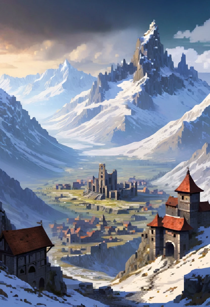 highly detailed dark fantasy picture a alps,dry, snowy, mountains, valley with ruins, wide, 4k, medieval, fantasy, game art, landscape, wide
