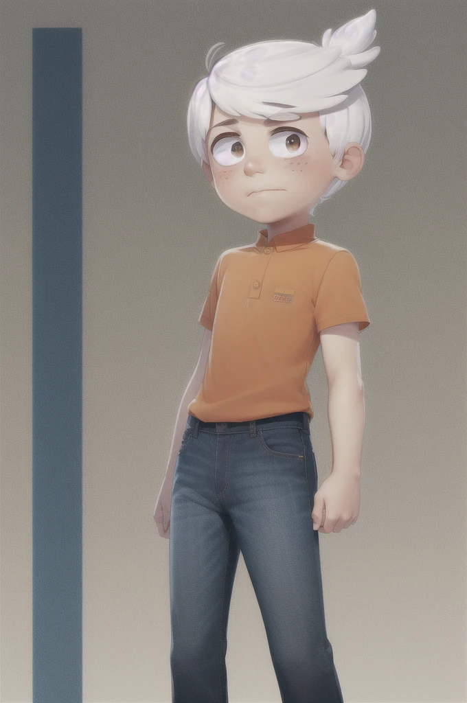 ((lincoln loud, 1boy)), long hair, white hair, blue jeans pants, freckles, body freckles, solo