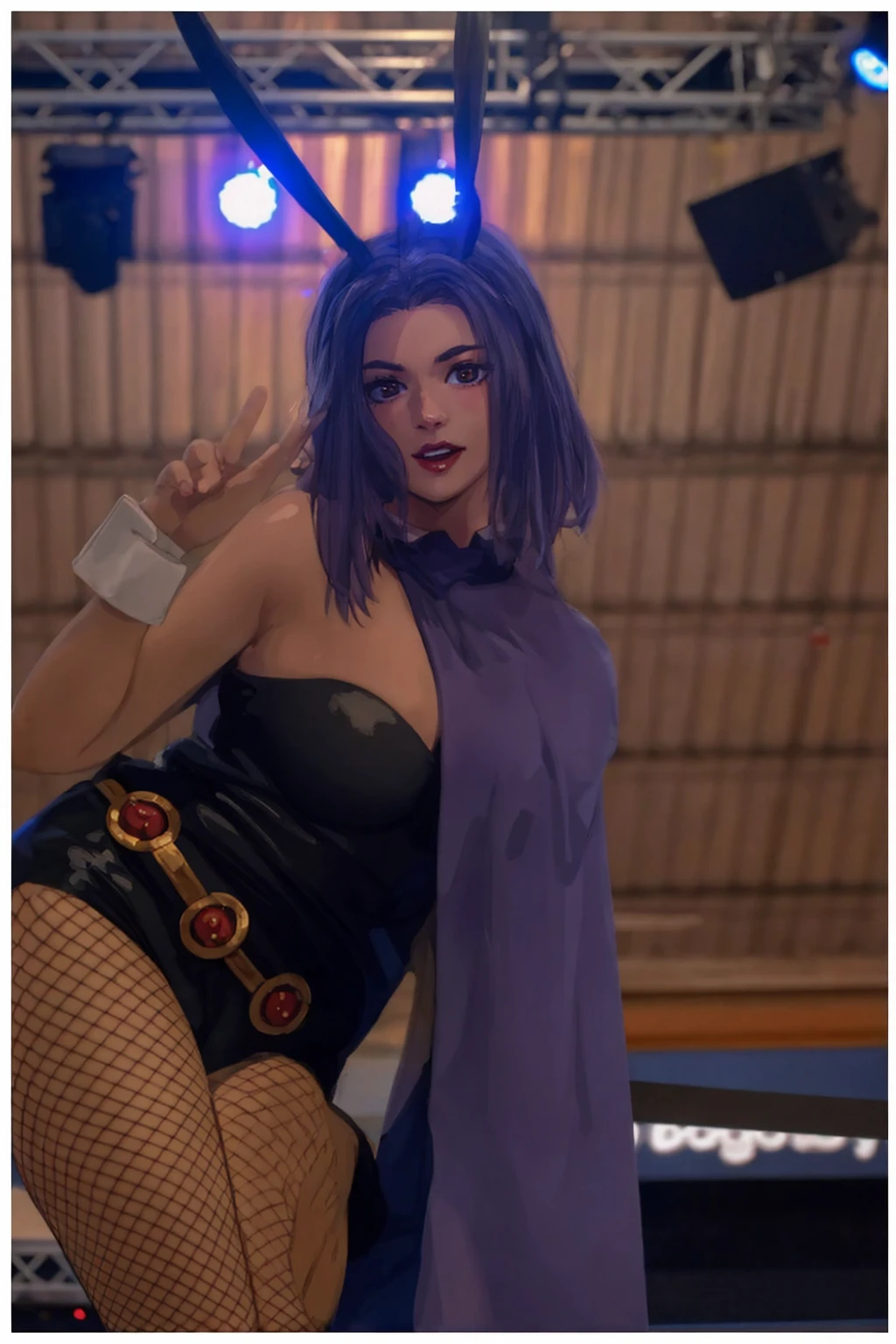masterpiece, full body, 8k, ultra high definition, high quality, a young girl wearing a sexy outfit, fake bunny ears, purple fake hair, v sign with her fingers