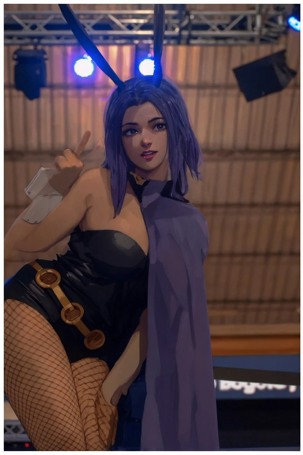 masterpiece, full body, 8k, ultra high definition, high quality, a young girl wearing a sexy outfit, fake bunny ears, purple fake hair, v sign with her fingers