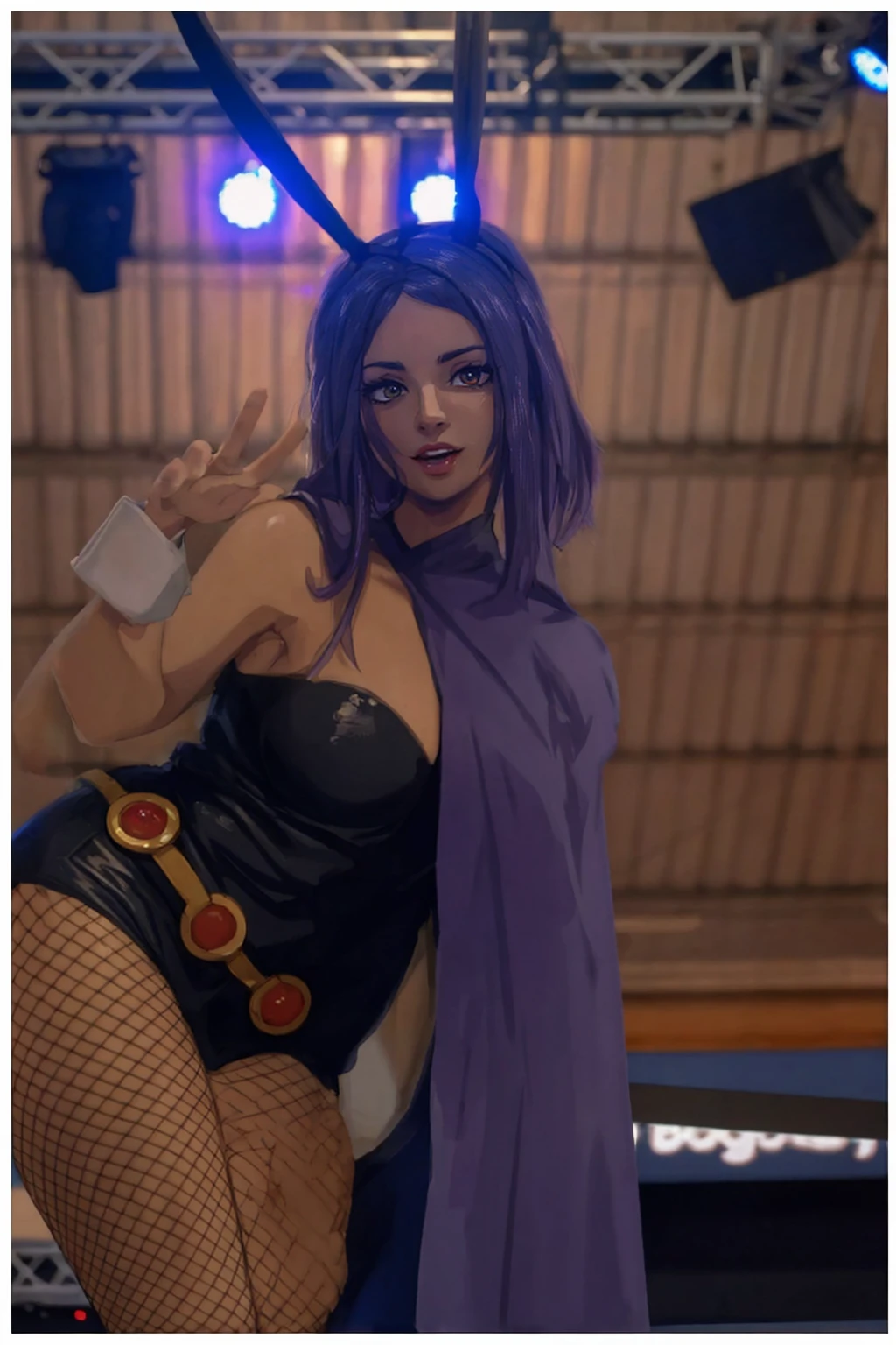 masterpiece, full body, 8k, ultra high definition, high quality, a young girl wearing a sexy outfit, fake bunny ears, purple fake hair, v sign with her fingers