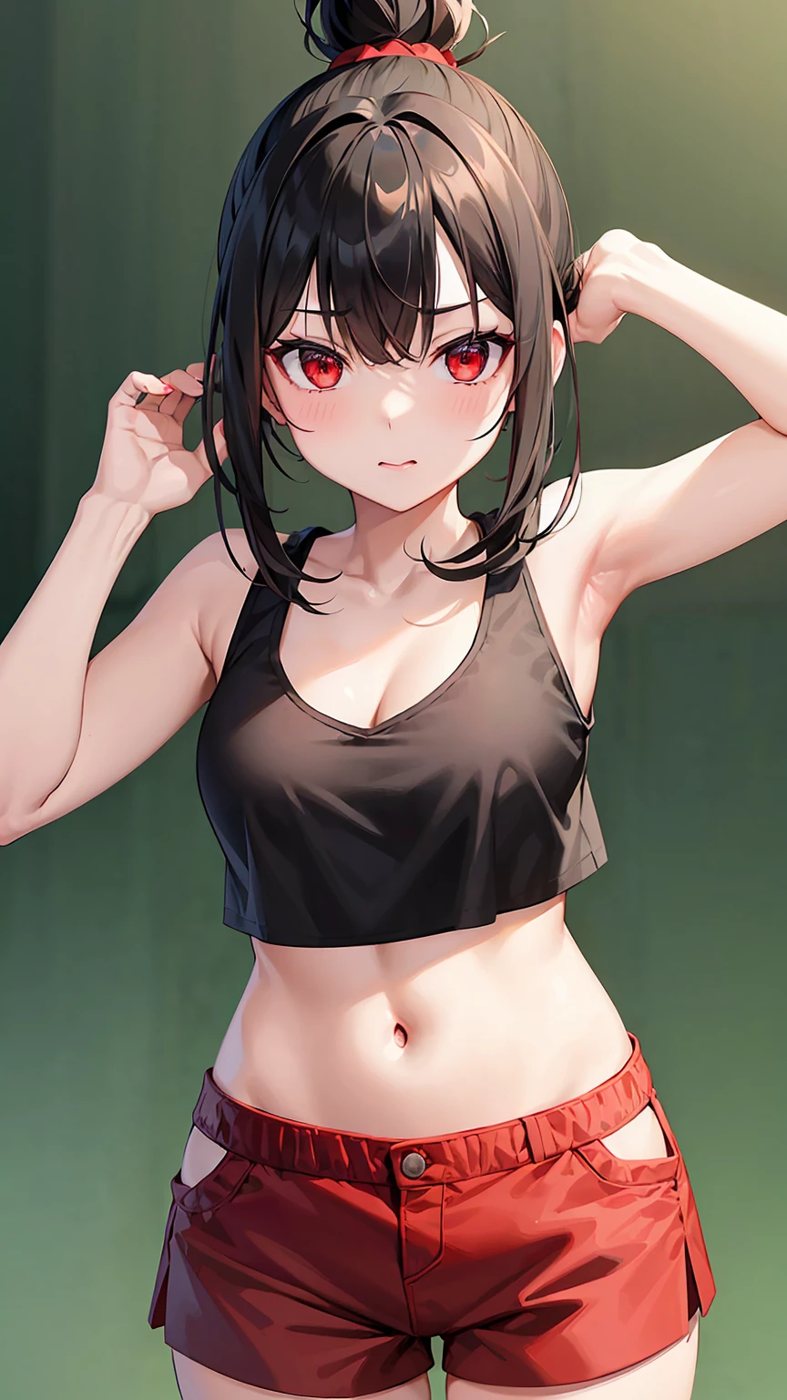 (Sexy woman), (Ryuko Matoi:1.2), (thin shape), (medium sized breasts:1.2), (black messy shoulder length hair with red highlights:1.4), (tomboy body:1.3), wearing (punk t-shirt and jeans shorts:1.2), vibrant dynamic lighting, (outdoors), wide hips, bubble ass, symmetric eyes, detail dynamic eyebrow, dynamic mouth, dynamically accurate 2-hand, accurate dynamic 8-finger, accurate dynamic 2-thumb, accurate dynamic knuckles, (tsundere), (detailed fingers), (centered in frame), (detailed face and eyes:1.2), (detailed hair:1.1), (detailed lips), (detailed nose), detailed hands, (calm expression), dynamic pose, (blushing:1.2), (bimbo), (deep cleavage:1.1), (labia:1.2), (teat outline:1.2).