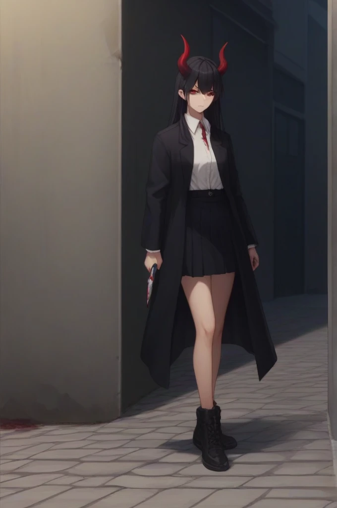 Black hair demon girl red eyes black horns black suit with skirt holding a knife and night background in an alley full of blood 