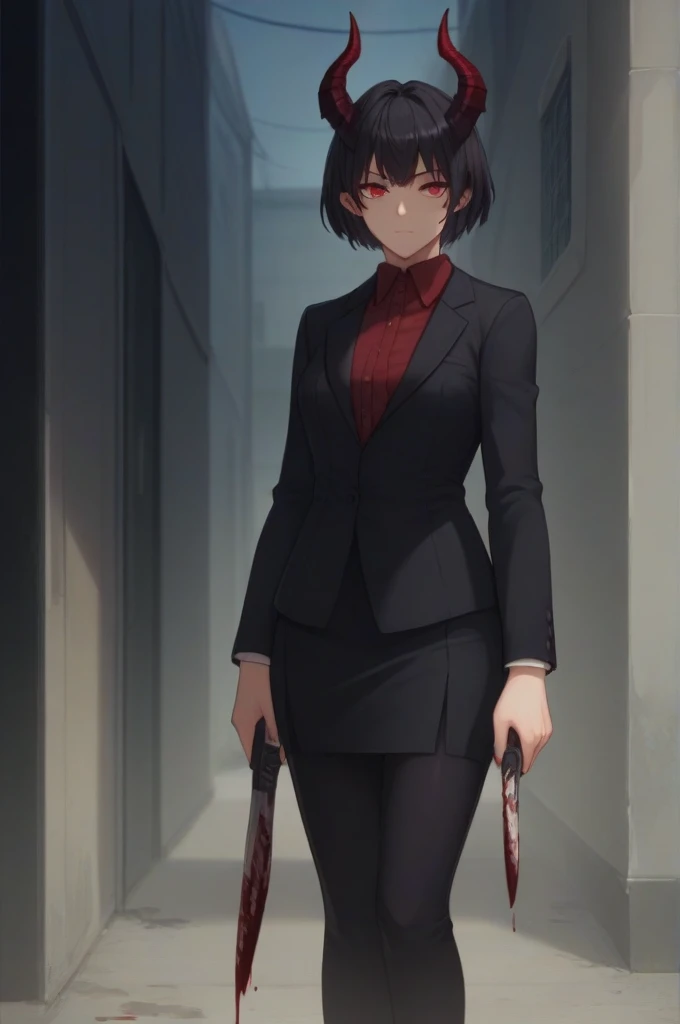 Black hair demon girl red eyes black horns black suit with skirt holding a knife and night background in an alley full of blood 