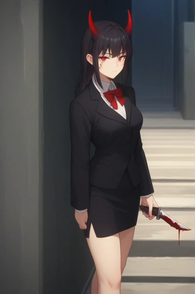 Black hair demon girl red eyes black horns black suit with skirt holding a knife and night background in an alley full of blood 