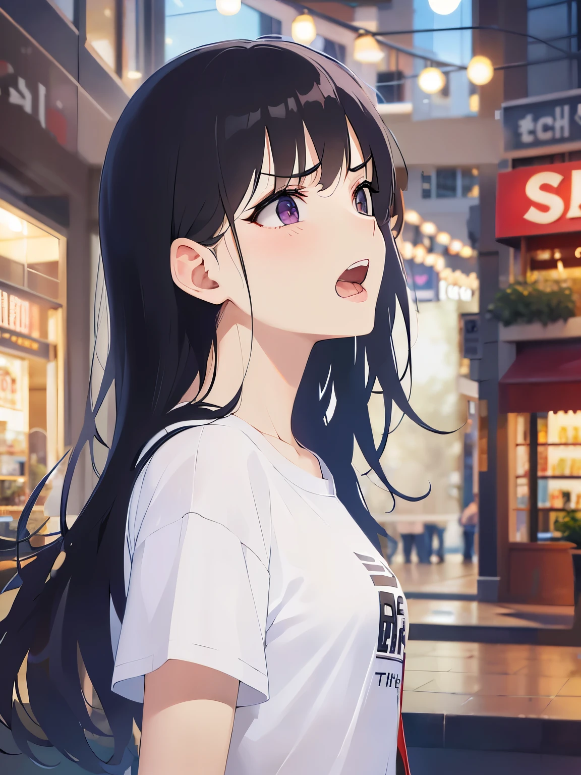The background is a shopping street at night