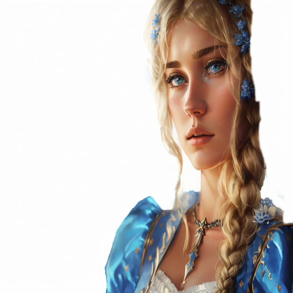 blonde woman in blue dress with braided hair and blue dress, imogen poots d&paladin, imogen poots paladin, Karol behind uhd, imogen poots como paladin sagrado, realistic renaissance portrait, imogen poots como paladin, Hyper-Realism. fantasy 4k, imogen poots as ad&paladin