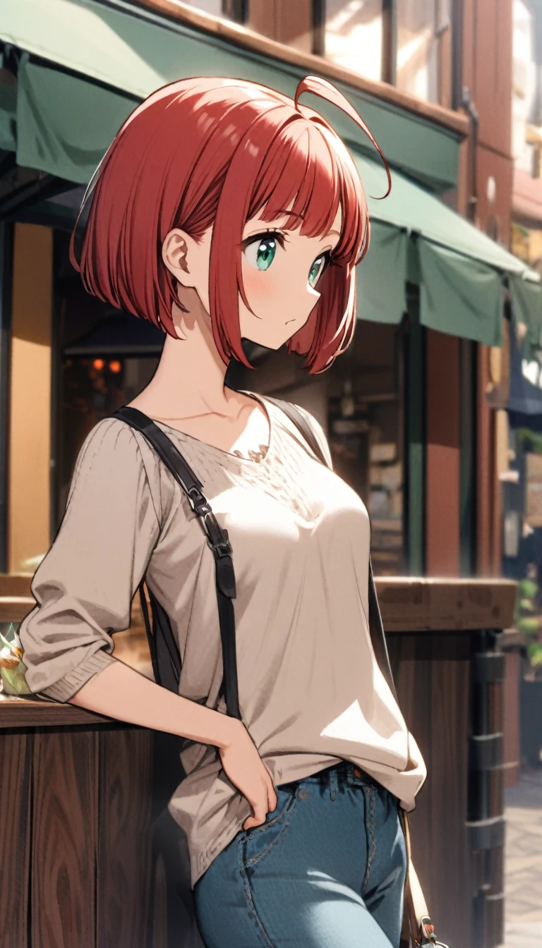 1girl,rubyred hair,bowlcut hair,half circle ahoge,blue green eyes,tareme,medium breasts,casual