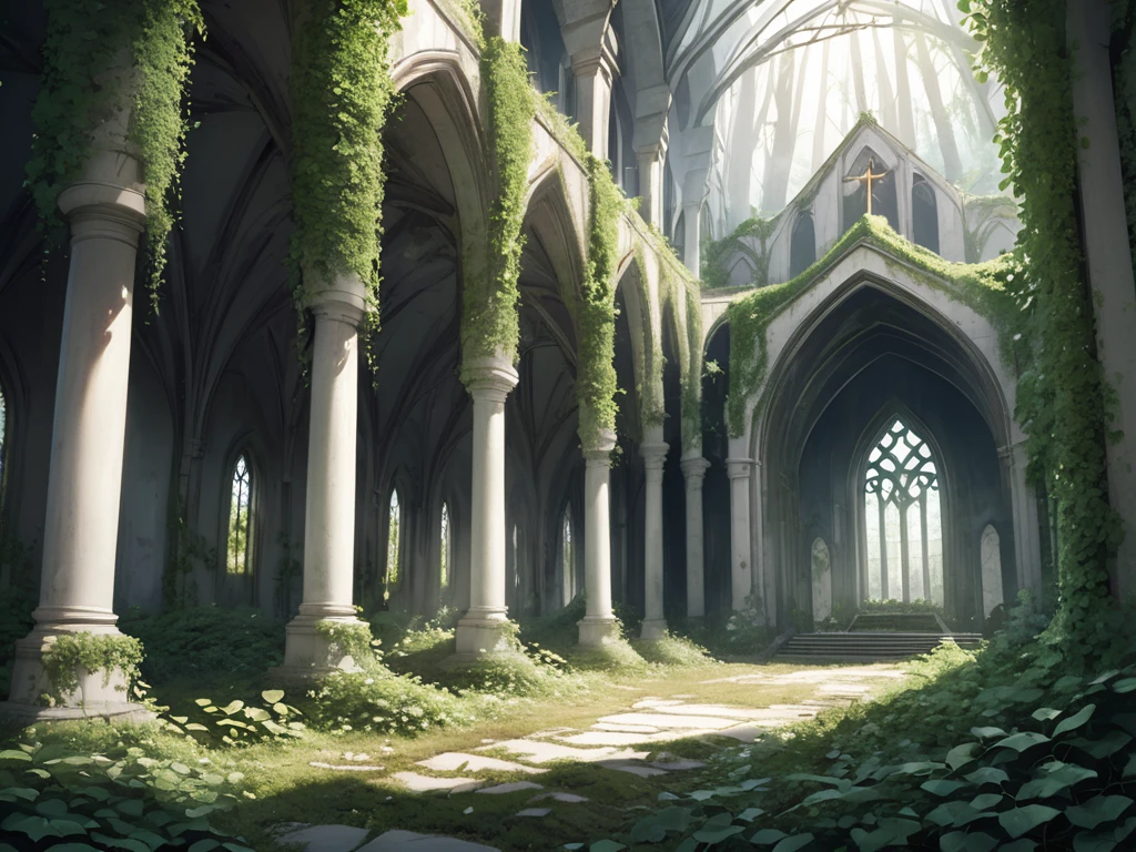 Abandoned church in the forest. Covered in ivy. Elvish motifs. Elegant and refined.