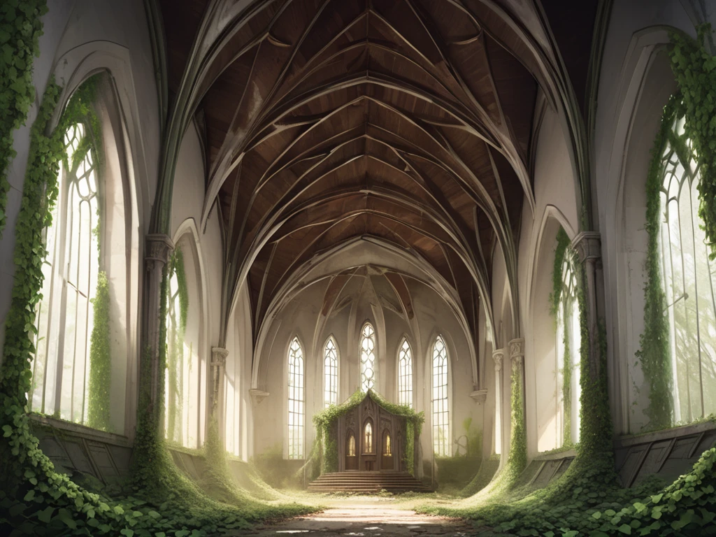 Abandoned church in the forest. Covered in ivy. Elvish motifs. Elegant and refined.