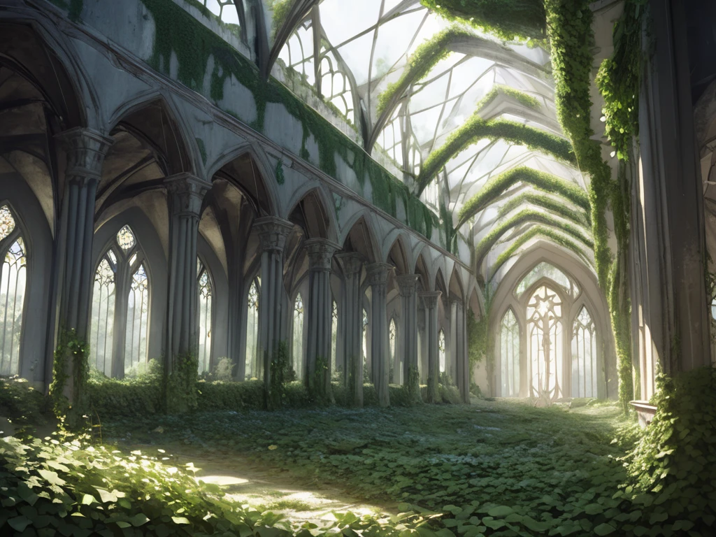 Abandoned church in the forest. Covered in ivy. Elvish motifs. Elegant and refined.