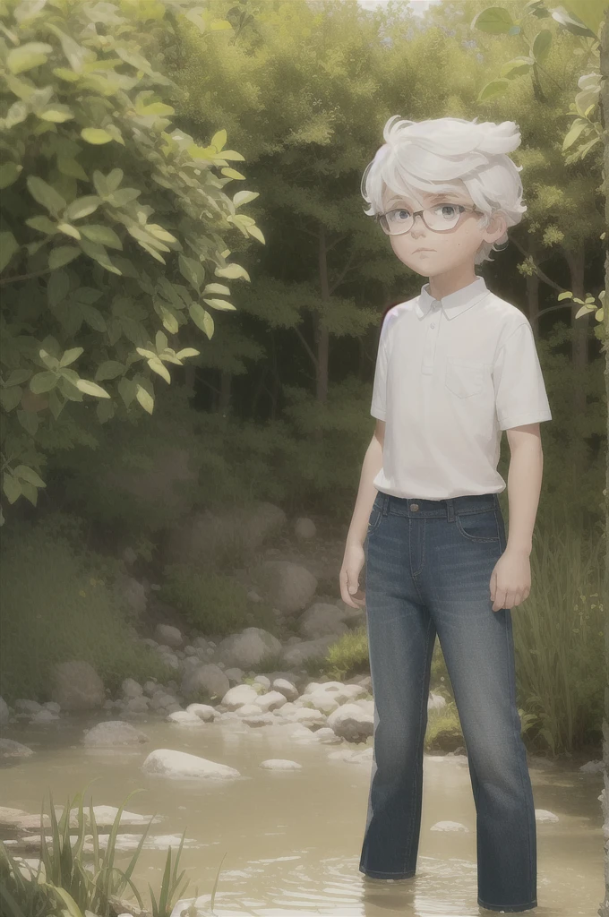 ((lincoln loud, 1boy)), long hair, white hair, blue jeans pants, freckles, body freckles, solo he is stuck in quicksand