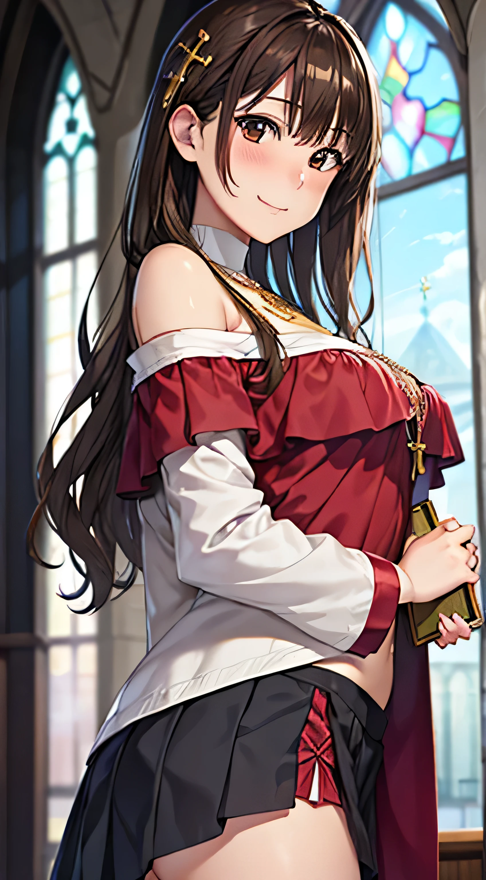 ((Tabletop, Highest quality, High resolution, , Pixel Perfect, 4K,))), 1 female, 、The whole body is visible、 ((Long Wavy Hair, bangs, Brown Hair)), ((Brown eyes, Beautiful eyelashes, Realistic eyes)), ((Detailed face, Blushing:1.2)), ((Smooth texture:0.75, Realistic texture:0.65, Realistic:1.1, Anime CG Style)), Medium sized breasts, Dynamic Angle, Perfect body, (( , , Beautiful Priest、、 Priest off-shoulder jacket、Pleat Long Flare Skirt、、)), Gold Hair Ornament、Cross Necklace、、Very embarrassing panic smile, 、Gorgeous church basilica、、、、Hold a big Bible、、、、Lace panties are visible、Bring your arms together、Stick your butt out、、、 、Angle from below)、