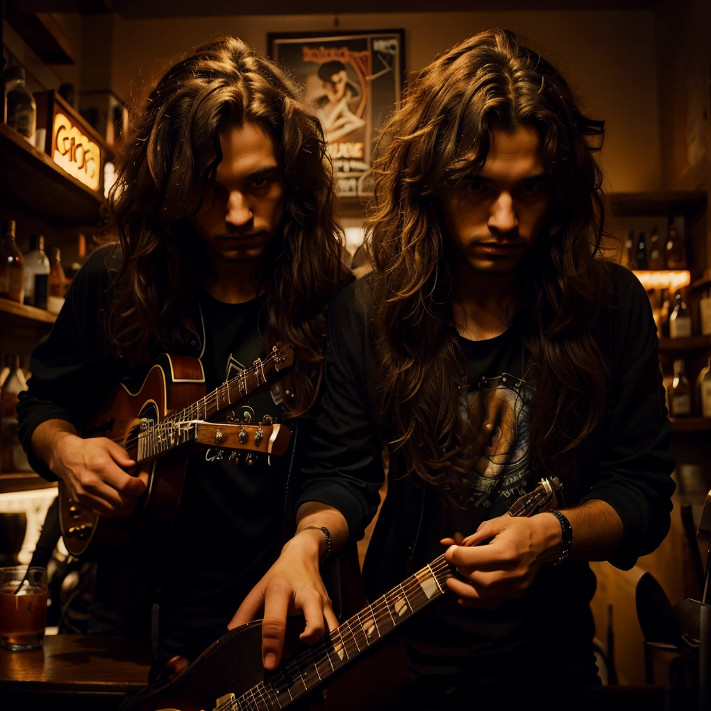 Cover to music album. A two-headed man with long curly hair stands playing a guitar in a dark, dimly lit bar.