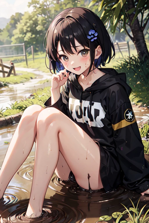 Black Hair、Iris、short hair、girl、cute、、one piece、Small hair ornament、mud volleyball、Brown Mud、Creamy Mud、Covered in mud、A happy look、Lots of mud、(He was covered in mud too.)、My clothes are covered in mud.、Mud is dripping、