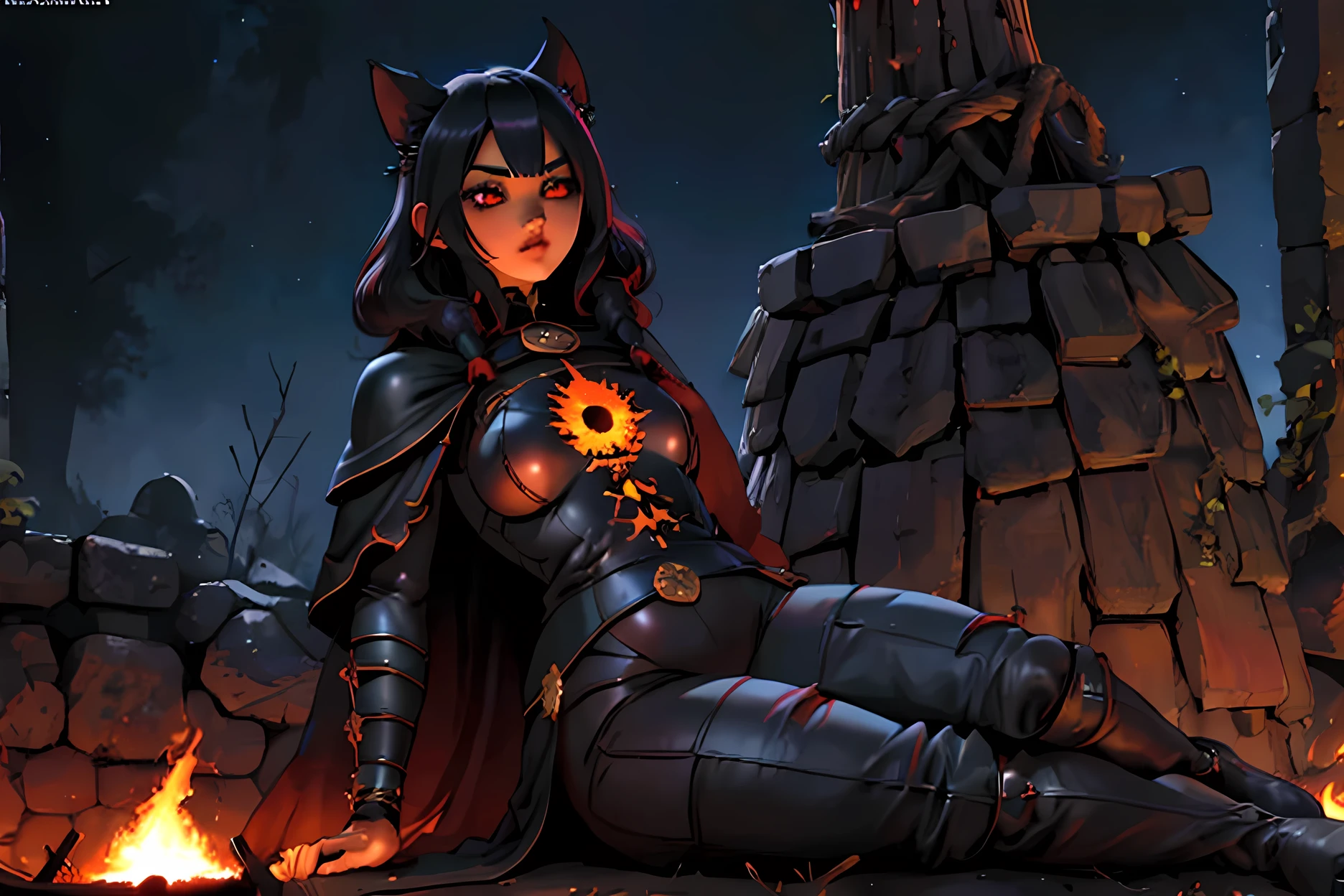 junkotvv pelo largo negro con flequillo y con orejas de gato y ojos rojos a warrior resting in bonfire, high quality, masterpiece, dark theme, dark souls theme, (fullbody sentada frente a un bonfire )