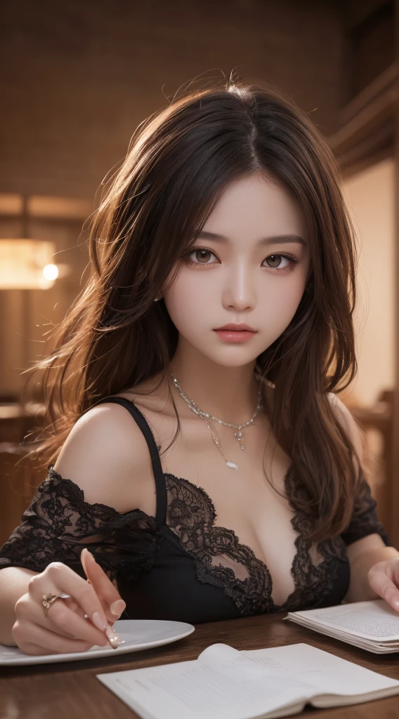 1 girl，21 years old, Lying in bed，Bright backLight, alone, {Beautiful eyes details 1.3） , Highly detailed facial and skin textures, Natural and soft Light, dark brown hair，natural drape, Exquisite facial features, blunt bangs, beautiful korean girl, eyes full, (She wears exquisite suspender pajamas，black pantyhose:1.3), E杯， necklace，film grain，sexy pose，masterpiece, best quality, Light, super detailed,, ultra high resolution, 8k wallpaper, Perfect dynamic composition, Exquisite facial features，It's a perfect face,Facing the peak of sexual arousal, looking at the audience, with smile，hair natural，Fragrant shoulders，clavicle，Ultimate Light and shadow，Wear delicate earrings，have，(Skin texture is extremely delicate1.1), (perfect details: 1.1),