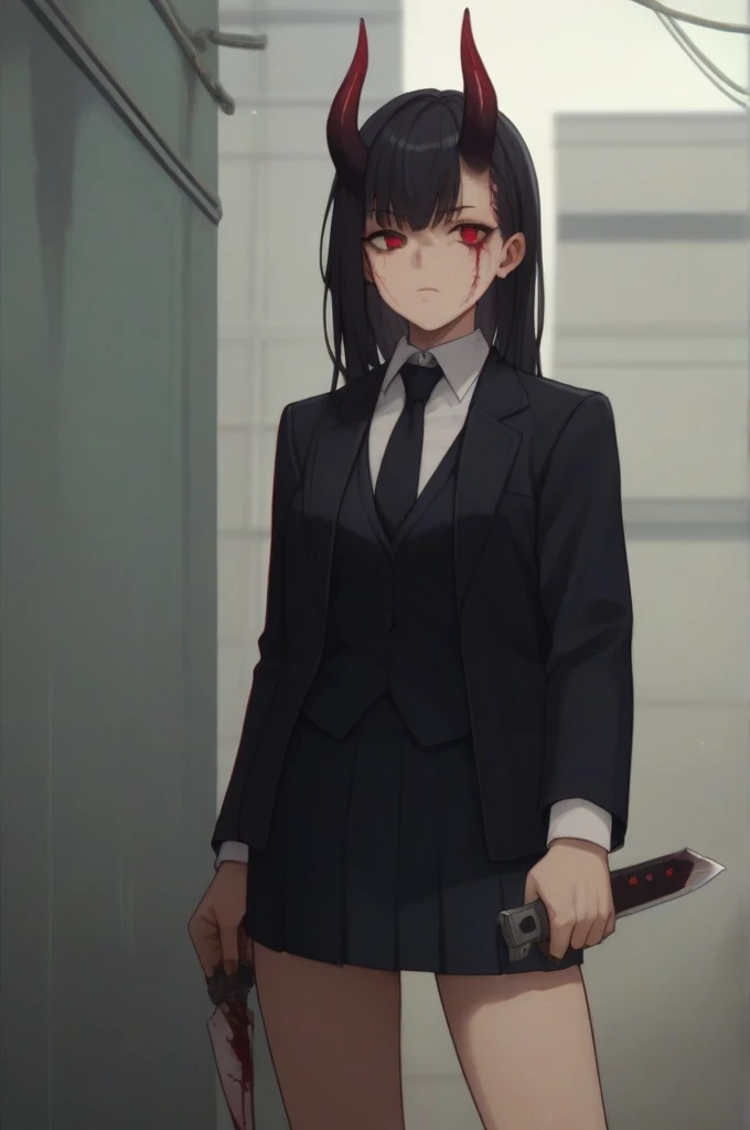 Black hair demon girl red eyes black horns black suit with skirt holding a knife and in the background of night without light in an alley full of blood 