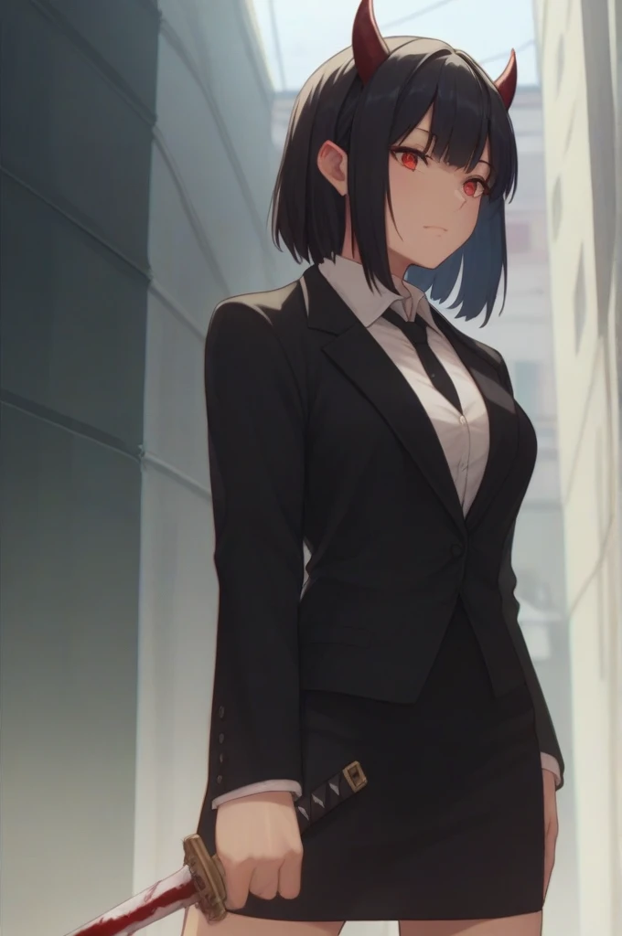 Black hair demon girl red eyes black horns black suit with skirt holding a knife and in the background of night without light in an alley full of blood 