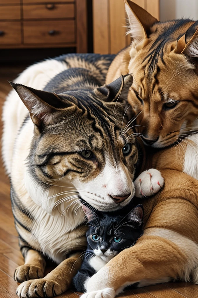 Dog and cat loving each other