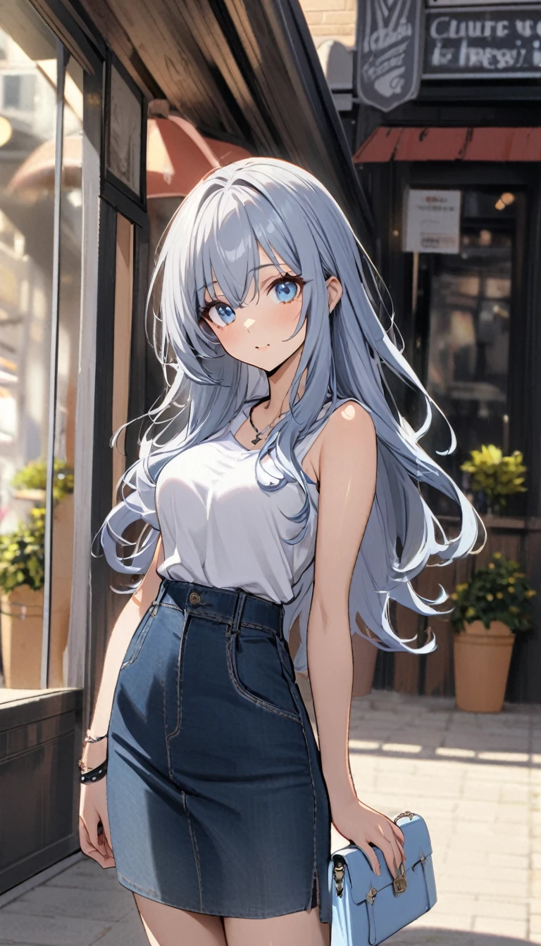 1lady,(blue gray hair),long hair,blue eyes,medium breasts,casual