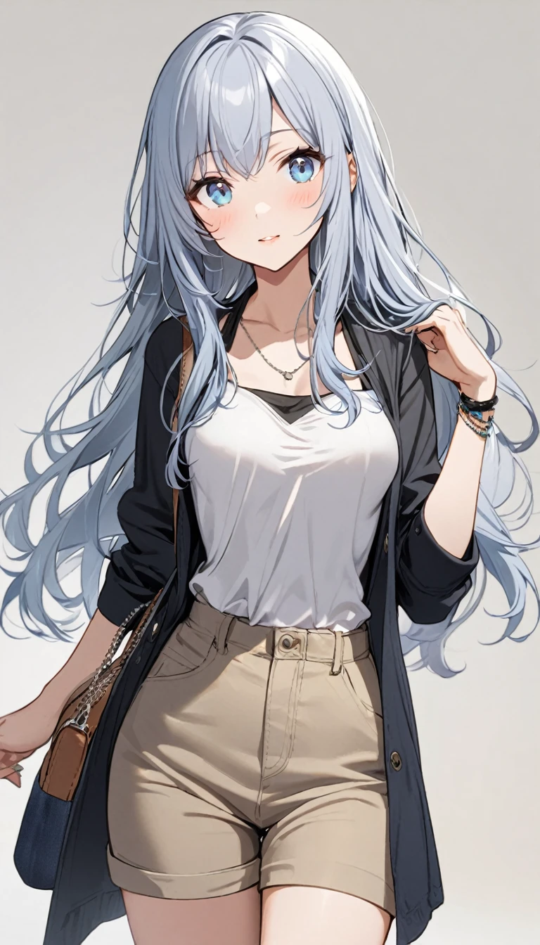 1lady,(blue gray hair),long hair,blue eyes,medium breasts,casual