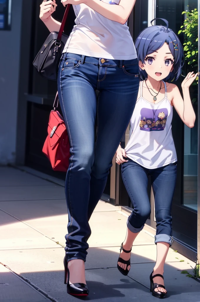 komachihikigaya, komachi hikigaya, short hair, Black Hair, hair ornaments, Ahoge, Hair Clip, x hair ornaments, (Purple eyes:1.1), tooth, happy smile, smile, Open your mouth, black tank top shirt,Locket Necklace,Skinny jeans,Stiletto heels,morning,morning陽,The sun is rising,Walking,whole bodyがイラストに入るように,
break outdoors, Building district,
break looking at viewer,whole body,
break (masterpiece:1.2), Highest quality, High resolution, unity 8k wallpaper, (figure:0.8), (Beautiful attention to detail:1.6), Highly detailed face, Perfect lighting, Highly detailed CG, (Perfect hands, Perfect Anatomy),