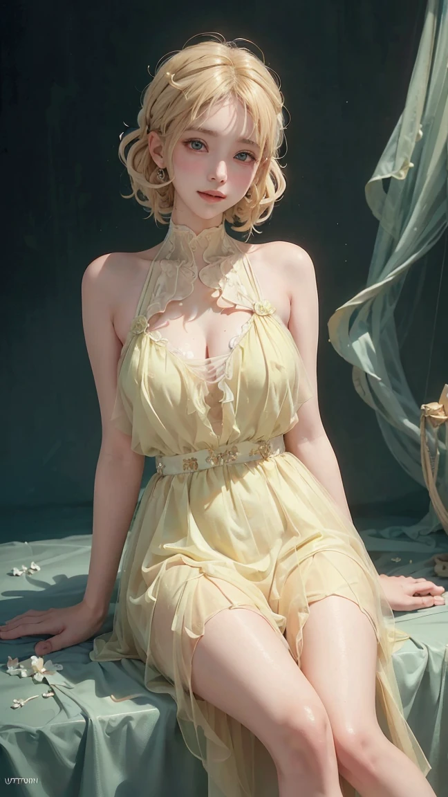 Sweet Girls Clothes 9,Yellow dress,, (full body), ((Sitting)), (Surrealism), (illustration), (Resolution enhancement), (8K), (Very detailed), (Best illustration), (Beautiful and delicate eyes), (best quality), (Ultra Detailed), (masterpiece ), ( wallpaper), (Delicate face),a blonde, curls,(High top fade in and out:1.3), (Smile brightly, Bright appearance), dark theme, Soothing tone, Soft colors, High contrast, (Natural skin texture, Surrealism, Soft Light, impatient),Exposure Blending, Medium shot, bokeh, High contrast, (Movie, cyan and orange:0.85), (Soft colors, fade, Soothing tone:1.3), High Saturation, (Ultra Detailed:1.2),(Large Breasts :1.2)