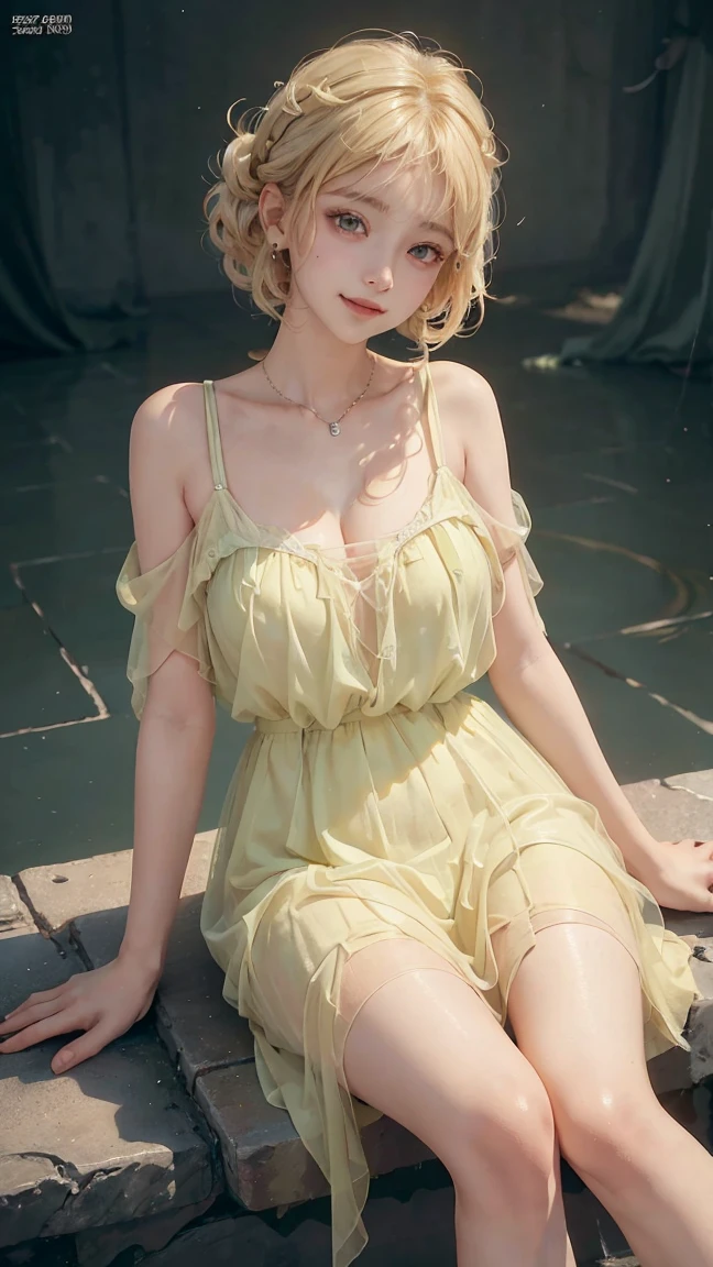 Sweet Girls Clothes 9,Yellow dress,, (full body), ((Sitting)), (Surrealism), (illustration), (Resolution enhancement), (8K), (Very detailed), (Best illustration), (Beautiful and delicate eyes), (best quality), (Ultra Detailed), (masterpiece ), ( wallpaper), (Delicate face),a blonde, curls,(High top fade in and out:1.3), (Smile brightly, Bright appearance), dark theme, Soothing tone, Soft colors, High contrast, (Natural skin texture, Surrealism, Soft Light, impatient),Exposure Blending, Medium shot, bokeh, High contrast, (Movie, cyan and orange:0.85), (Soft colors, fade, Soothing tone:1.3), High Saturation, (Ultra Detailed:1.2),(Large Breasts :1.2)
