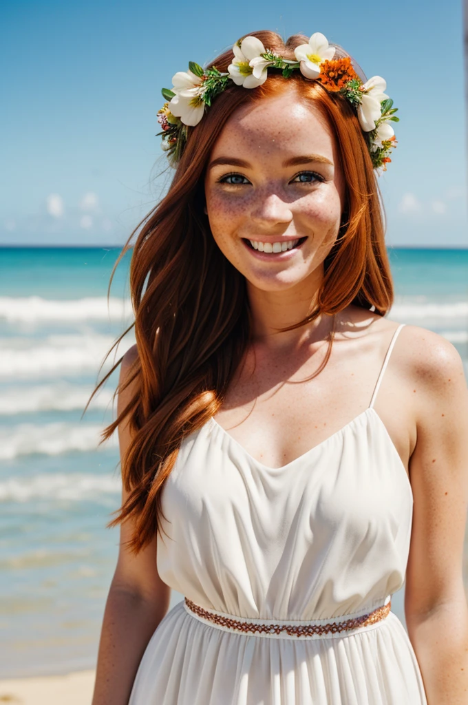 Copper-haired woman with freckles, flower crown and white dress smiling on a beach