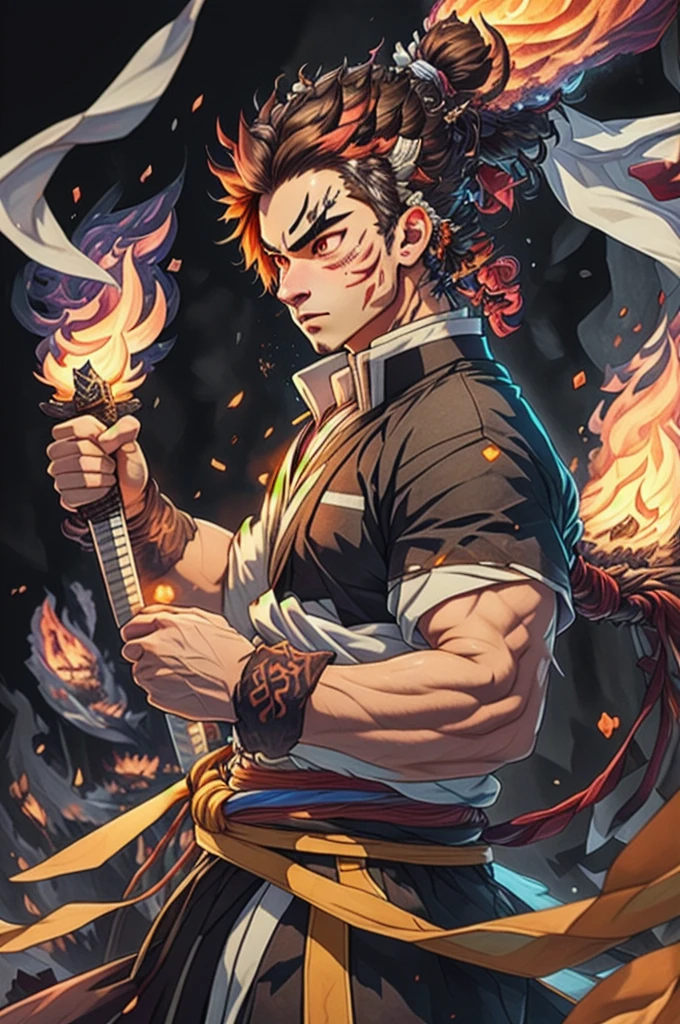 ((best qualityer)), ((work of art)), (detailded), (8k resolution), Kimetsu no Yaiba, adult man, experienced swordsman, Large katana rich in details, red traces on the face, Red neon aura, flames in the background, white kimono, Slightly dark hair, groundbreaking, color scheme, pensive stillness, background with flames, details Intricate, photographic realism, fully body.